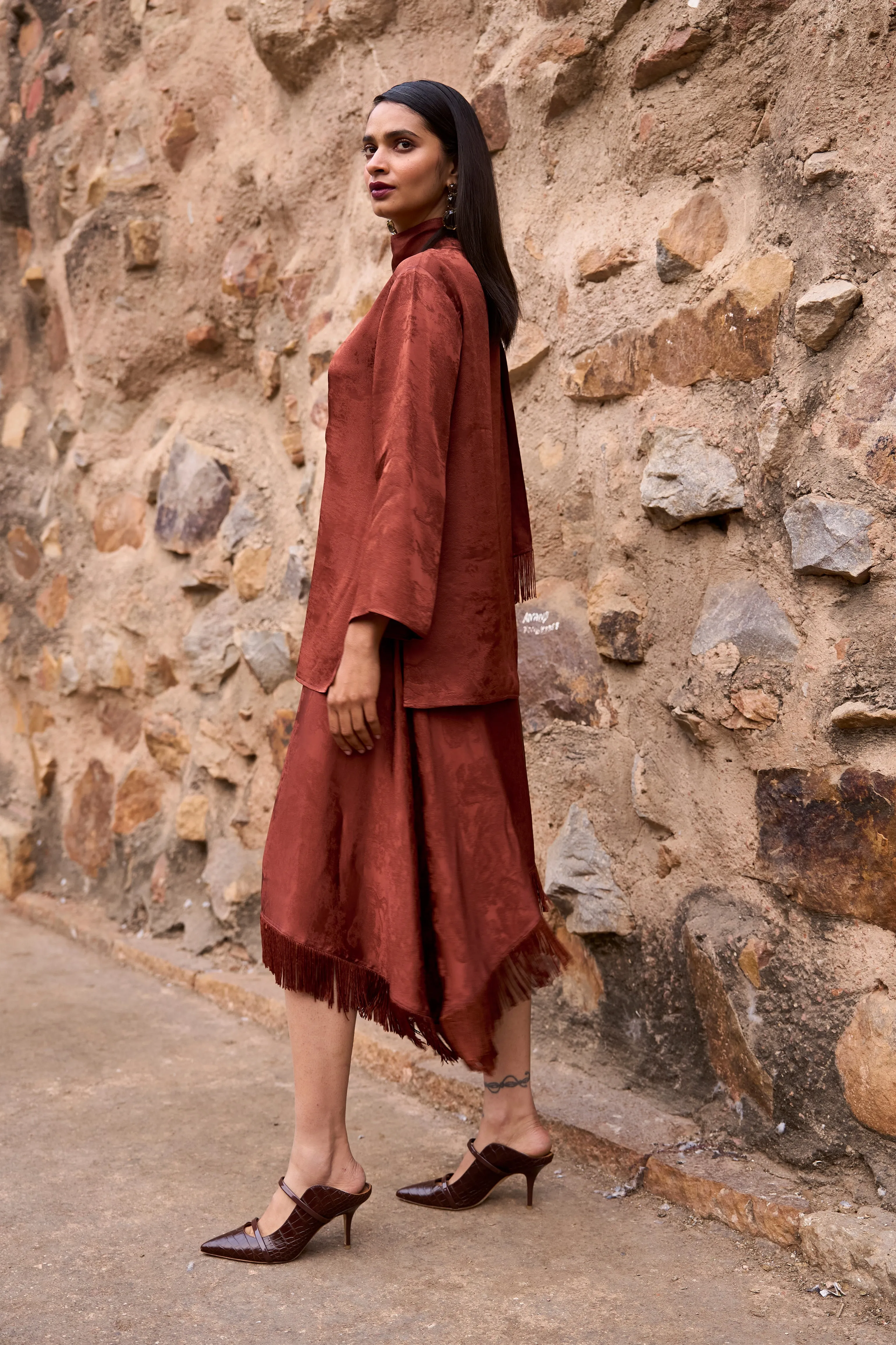 Fringe Hem Patterned Skirt