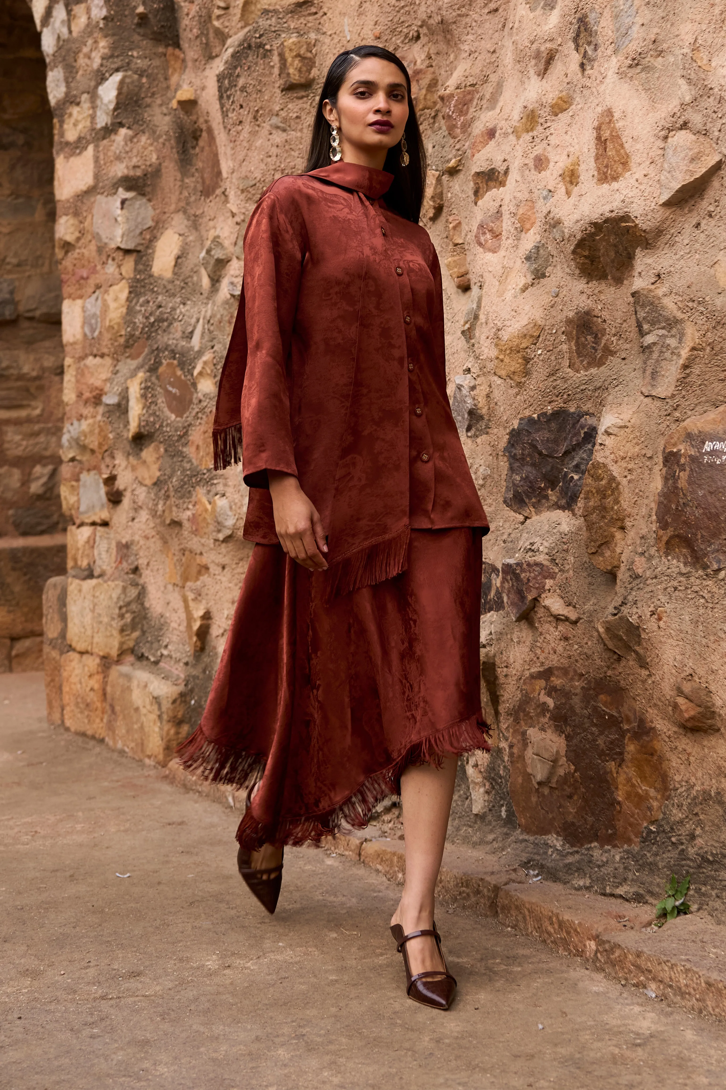 Fringe Hem Patterned Skirt