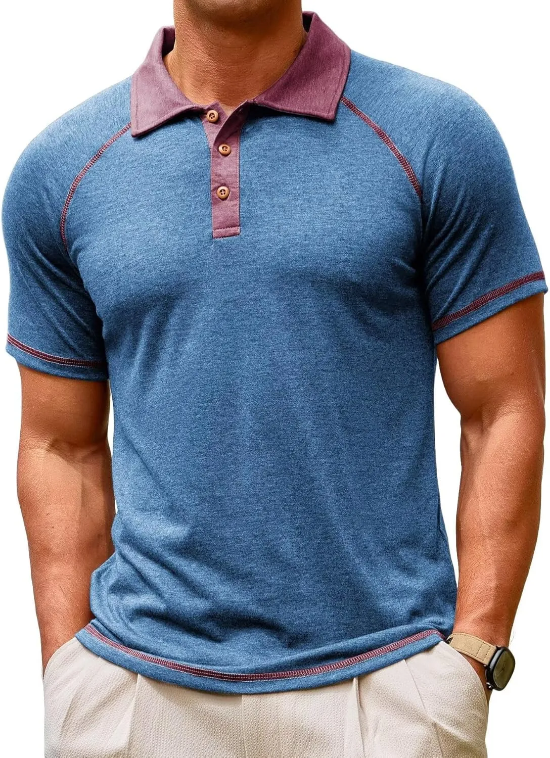 Lexiart Men's Casual Polo Shirt Short Sleeve Raglan Classic Button Golf Collared Tops Contrast Color