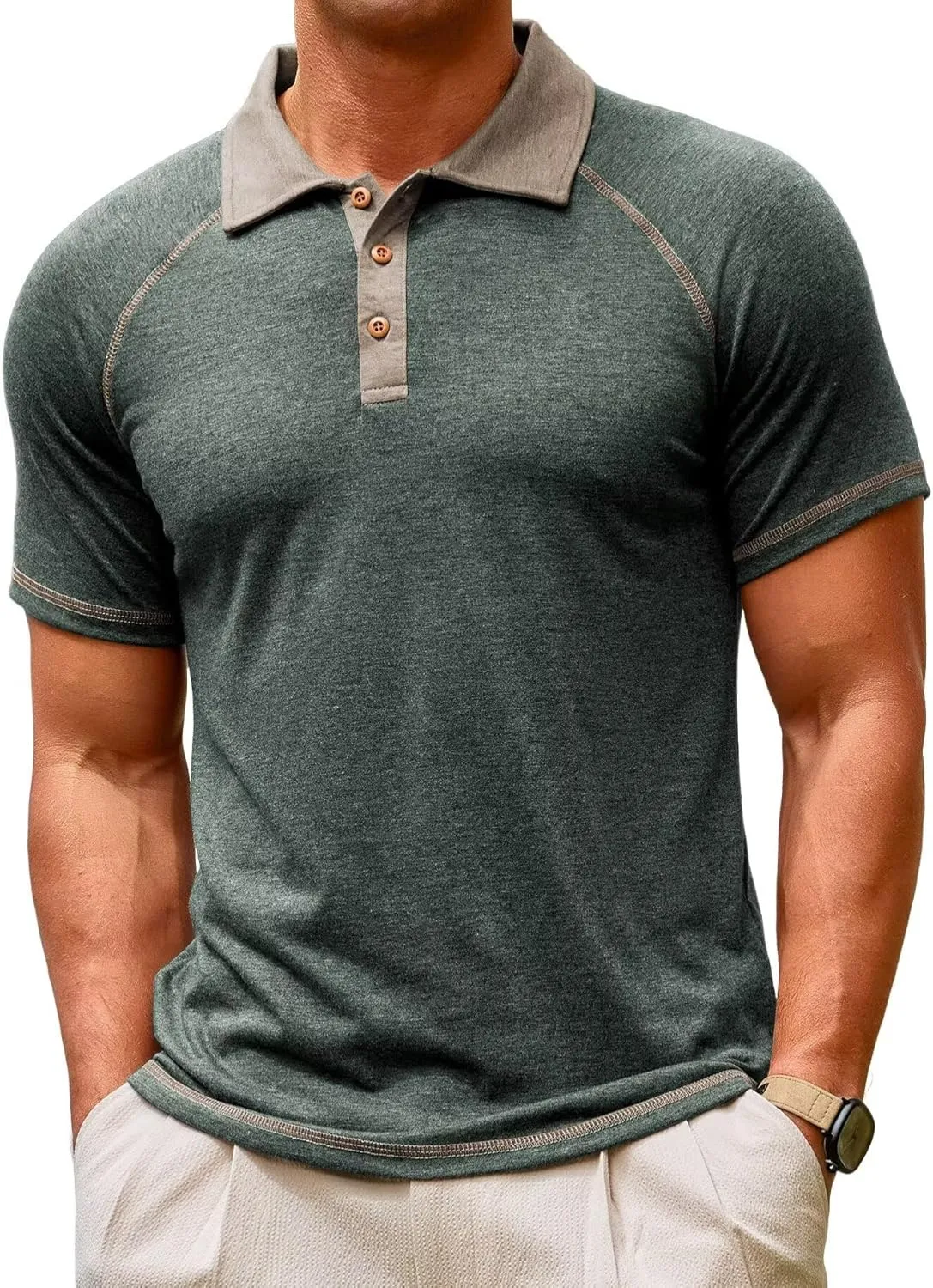 Lexiart Men's Casual Polo Shirt Short Sleeve Raglan Classic Button Golf Collared Tops Contrast Color