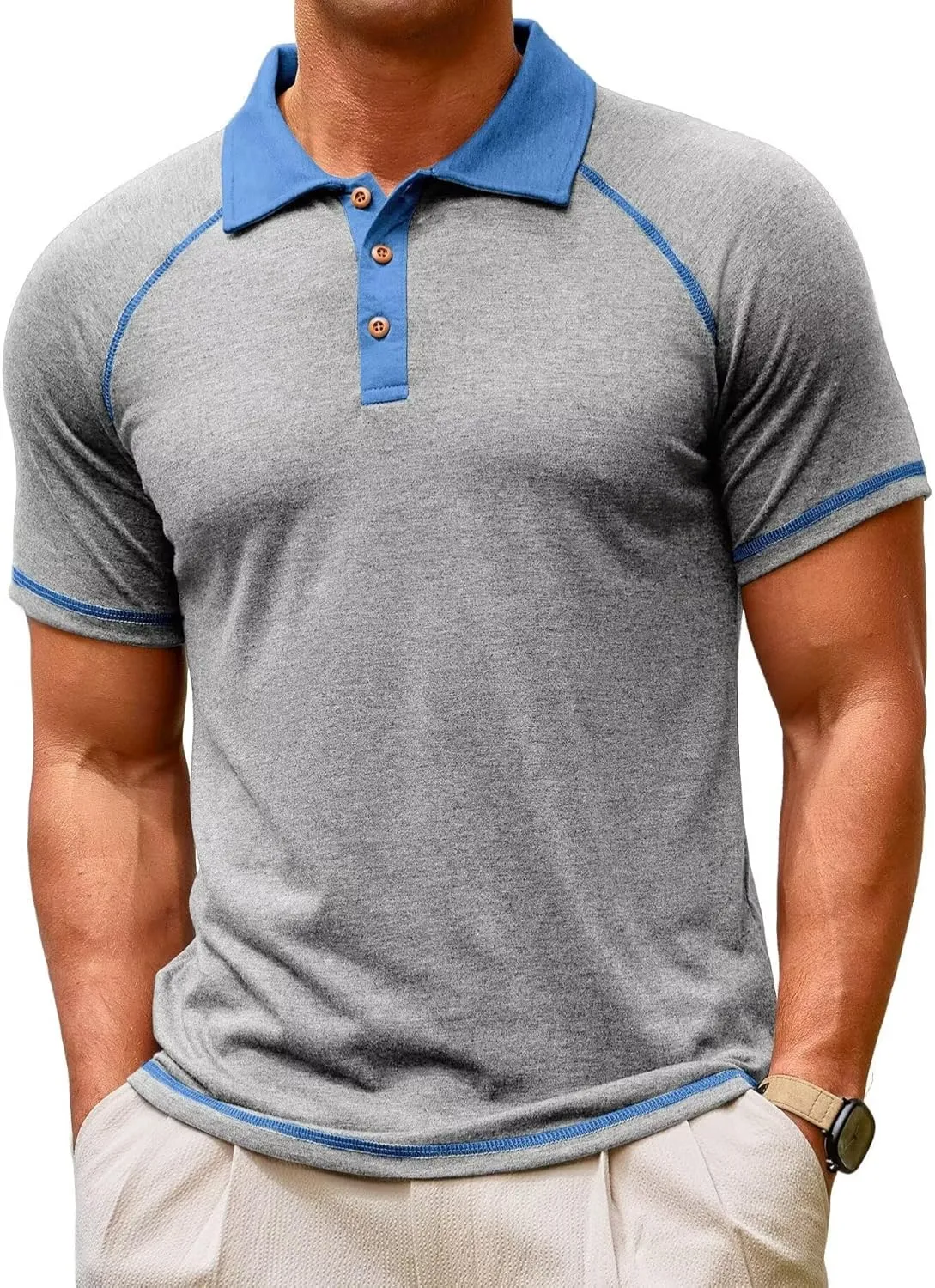 Lexiart Men's Casual Polo Shirt Short Sleeve Raglan Classic Button Golf Collared Tops Contrast Color