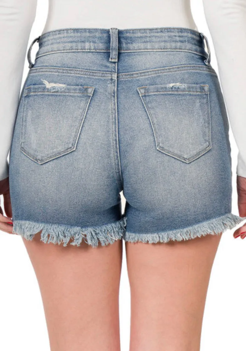 Medium Wash Jean Shorts with Frayed Hem
