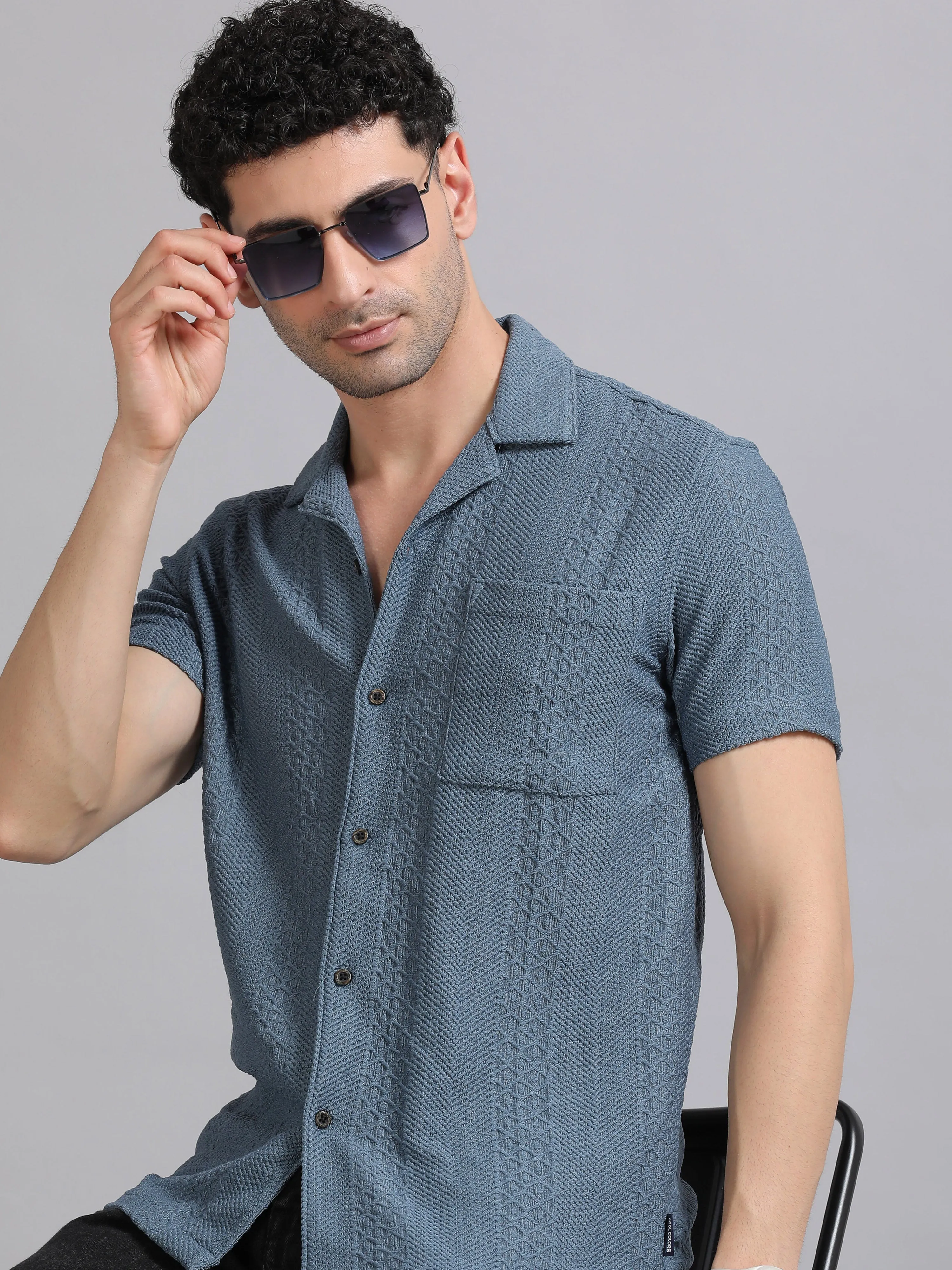 Men Blue Half Sleeve Cotton Knitted Casual Shirt
