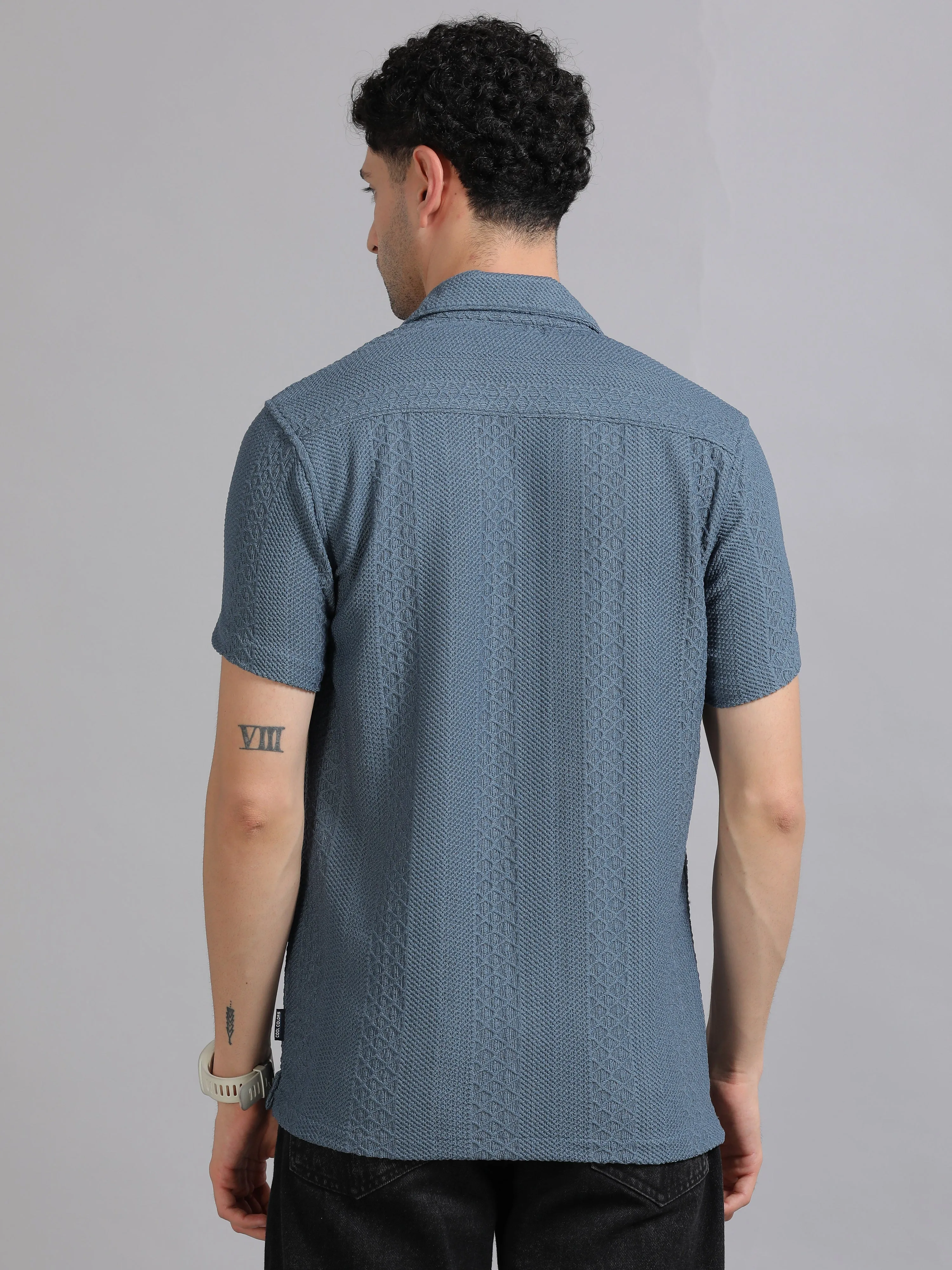 Men Blue Half Sleeve Cotton Knitted Casual Shirt