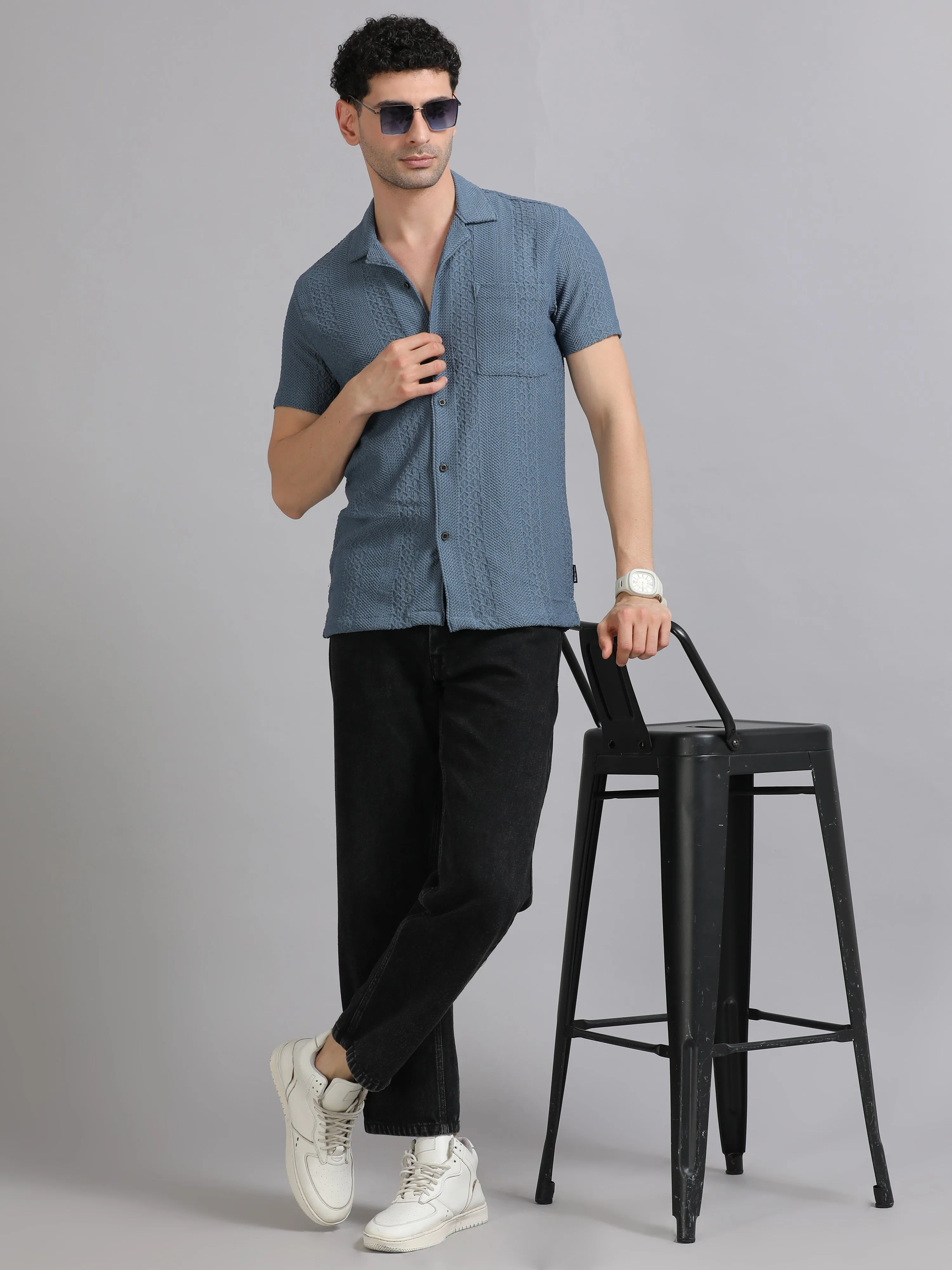 Men Blue Half Sleeve Cotton Knitted Casual Shirt