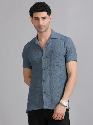 Men Blue Half Sleeve Cotton Knitted Casual Shirt