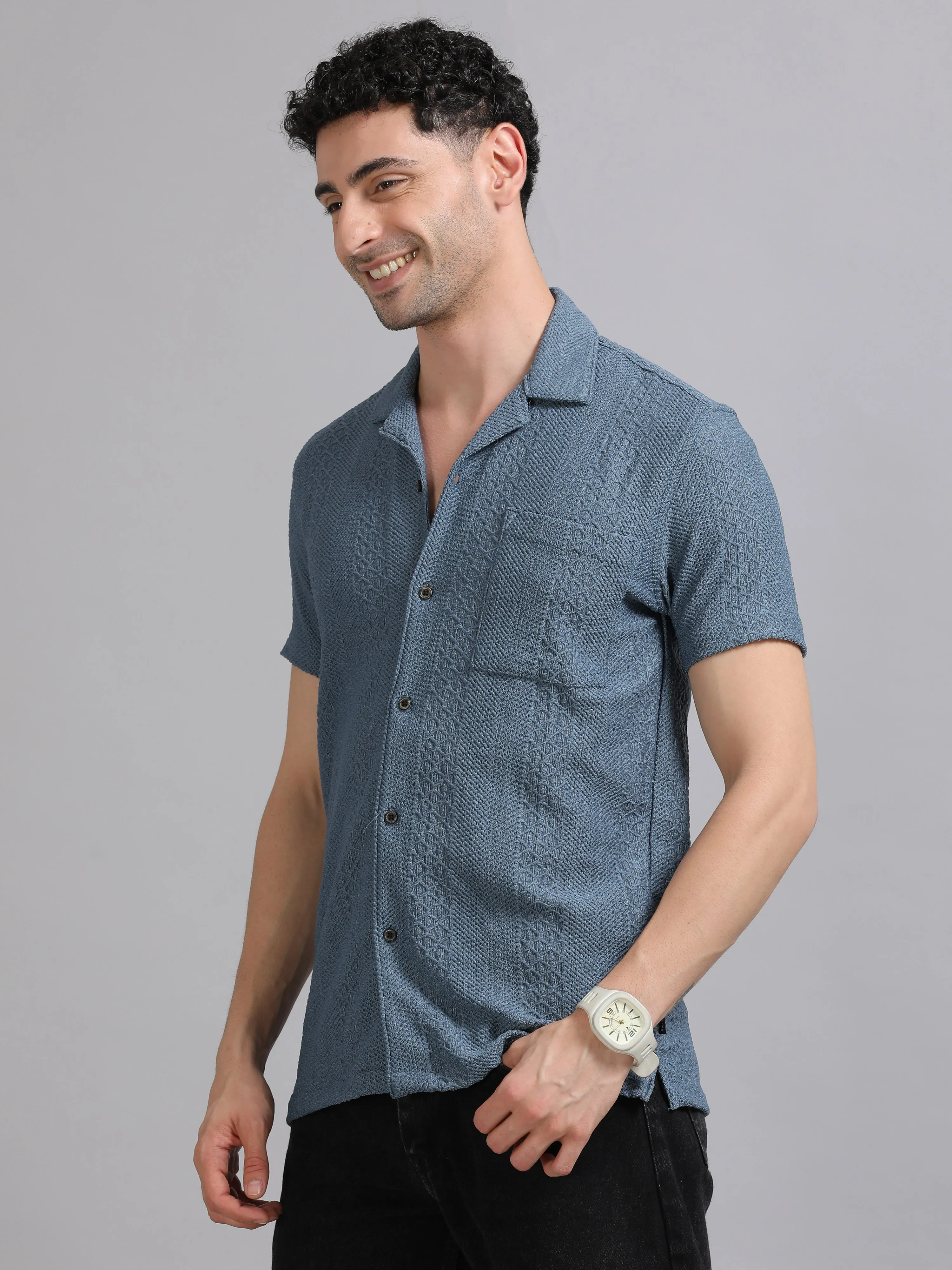 Men Blue Half Sleeve Cotton Knitted Casual Shirt