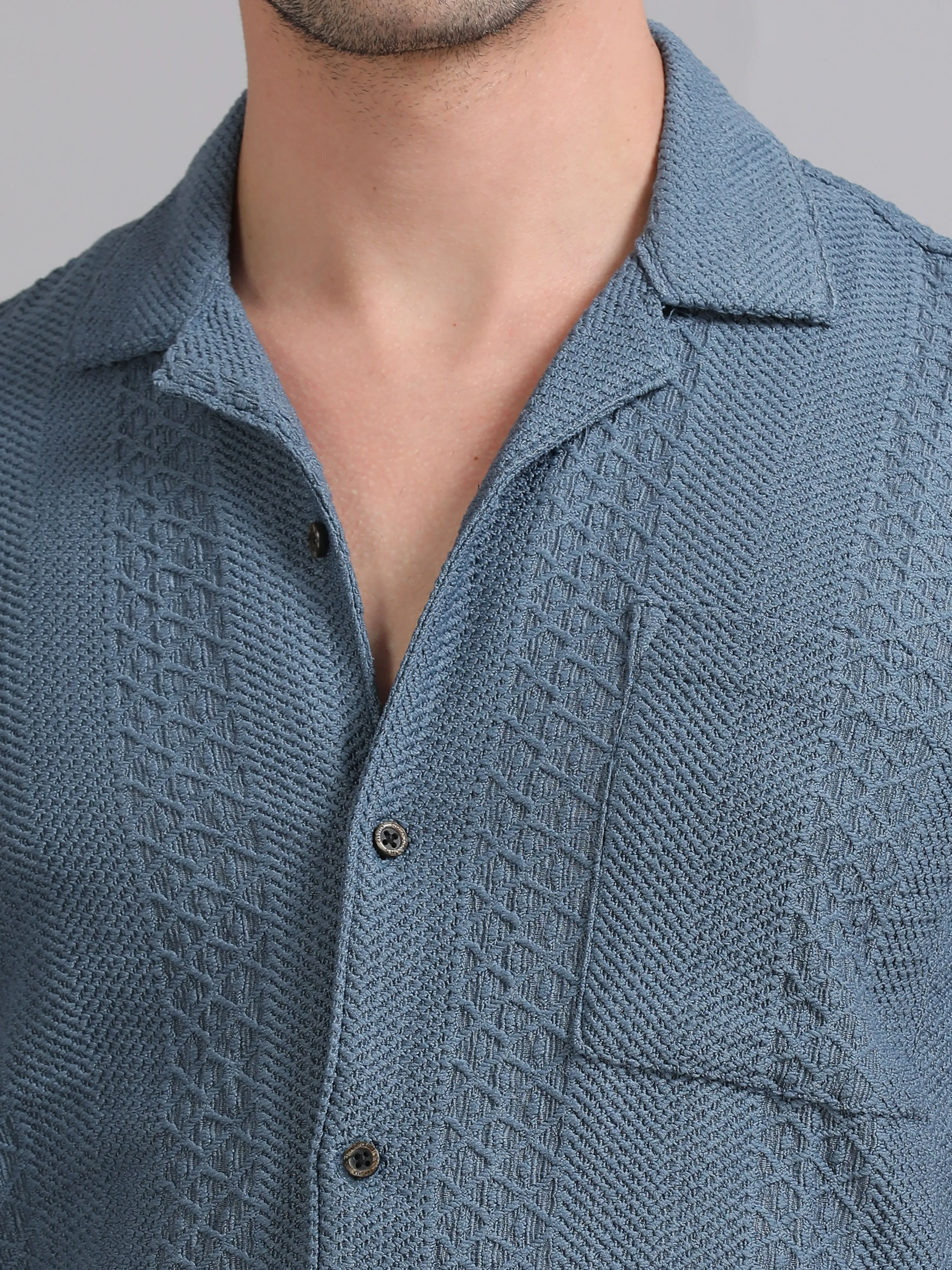 Men Blue Half Sleeve Cotton Knitted Casual Shirt