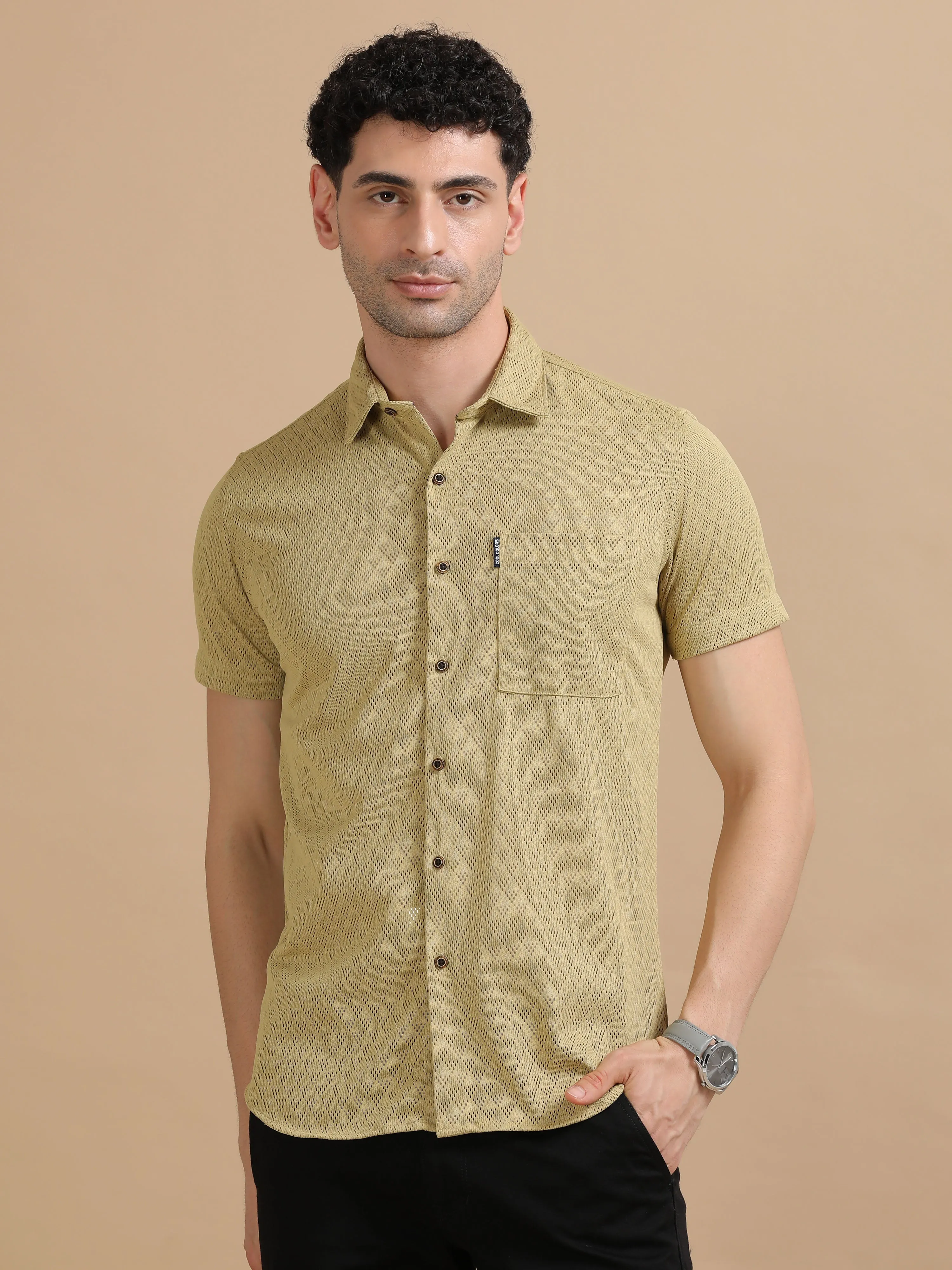 Men Khaki Half Sleeve knitted Dobby Casual Shirt
