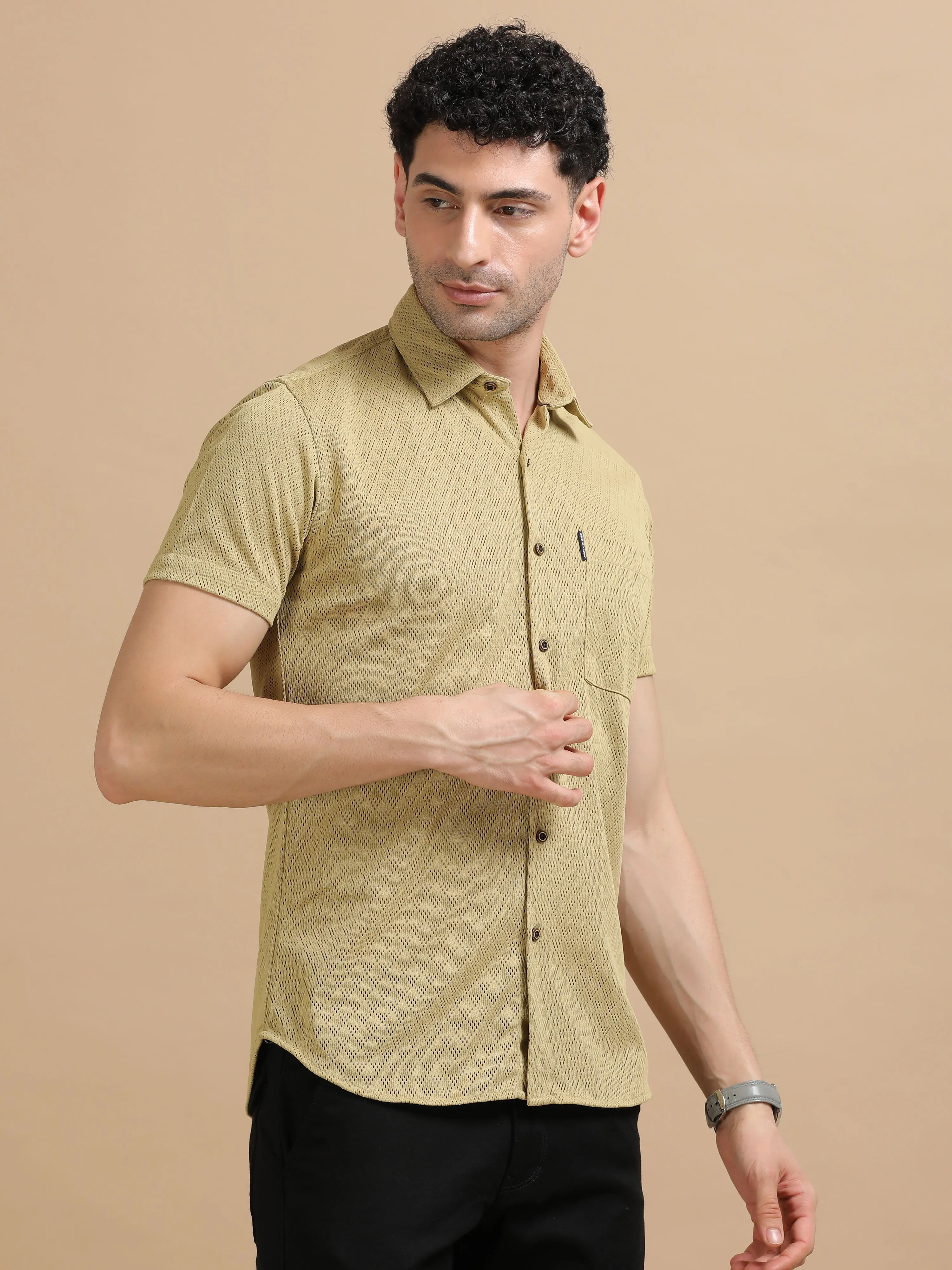 Men Khaki Half Sleeve knitted Dobby Casual Shirt