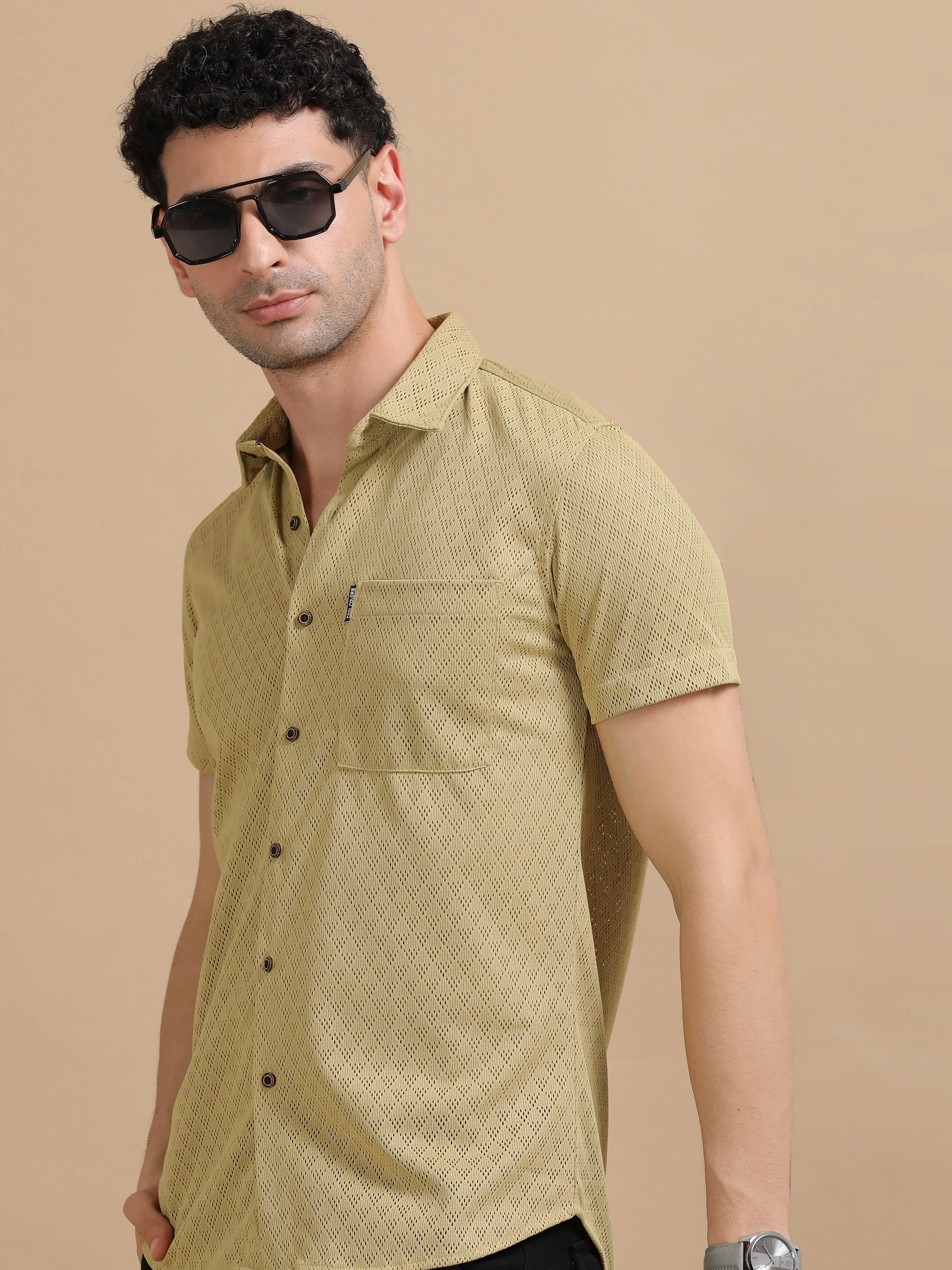 Men Khaki Half Sleeve knitted Dobby Casual Shirt