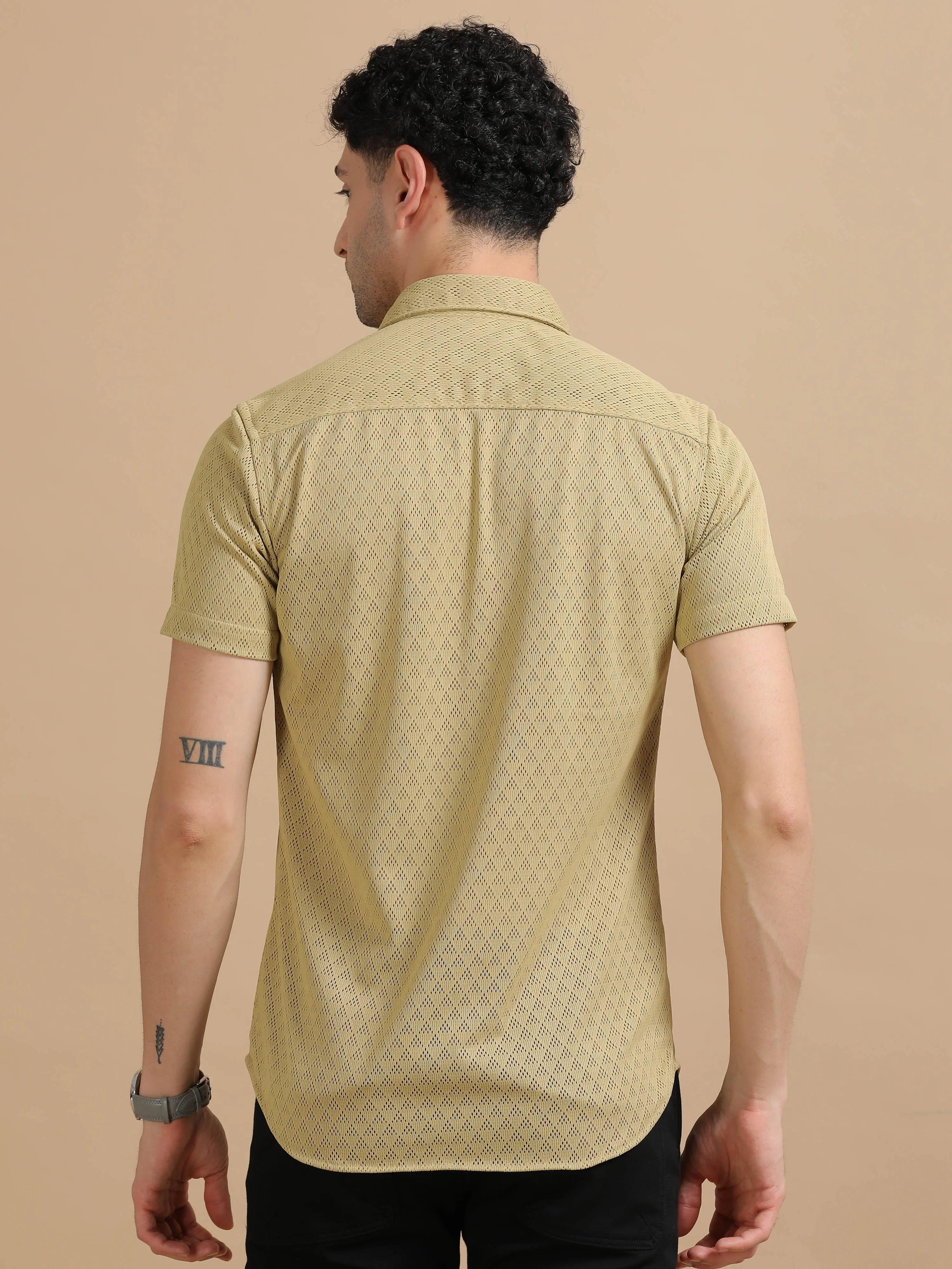 Men Khaki Half Sleeve knitted Dobby Casual Shirt