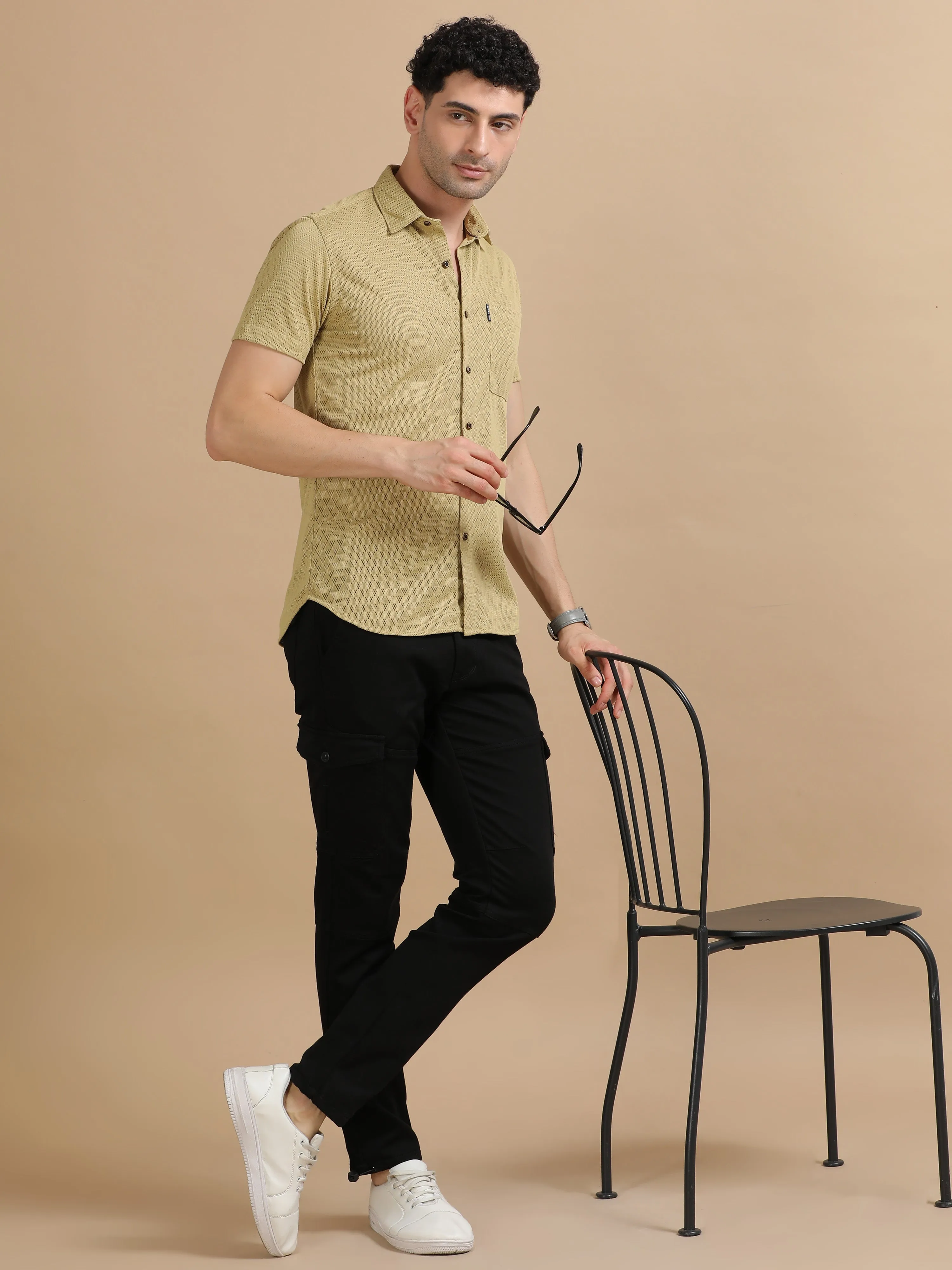 Men Khaki Half Sleeve knitted Dobby Casual Shirt