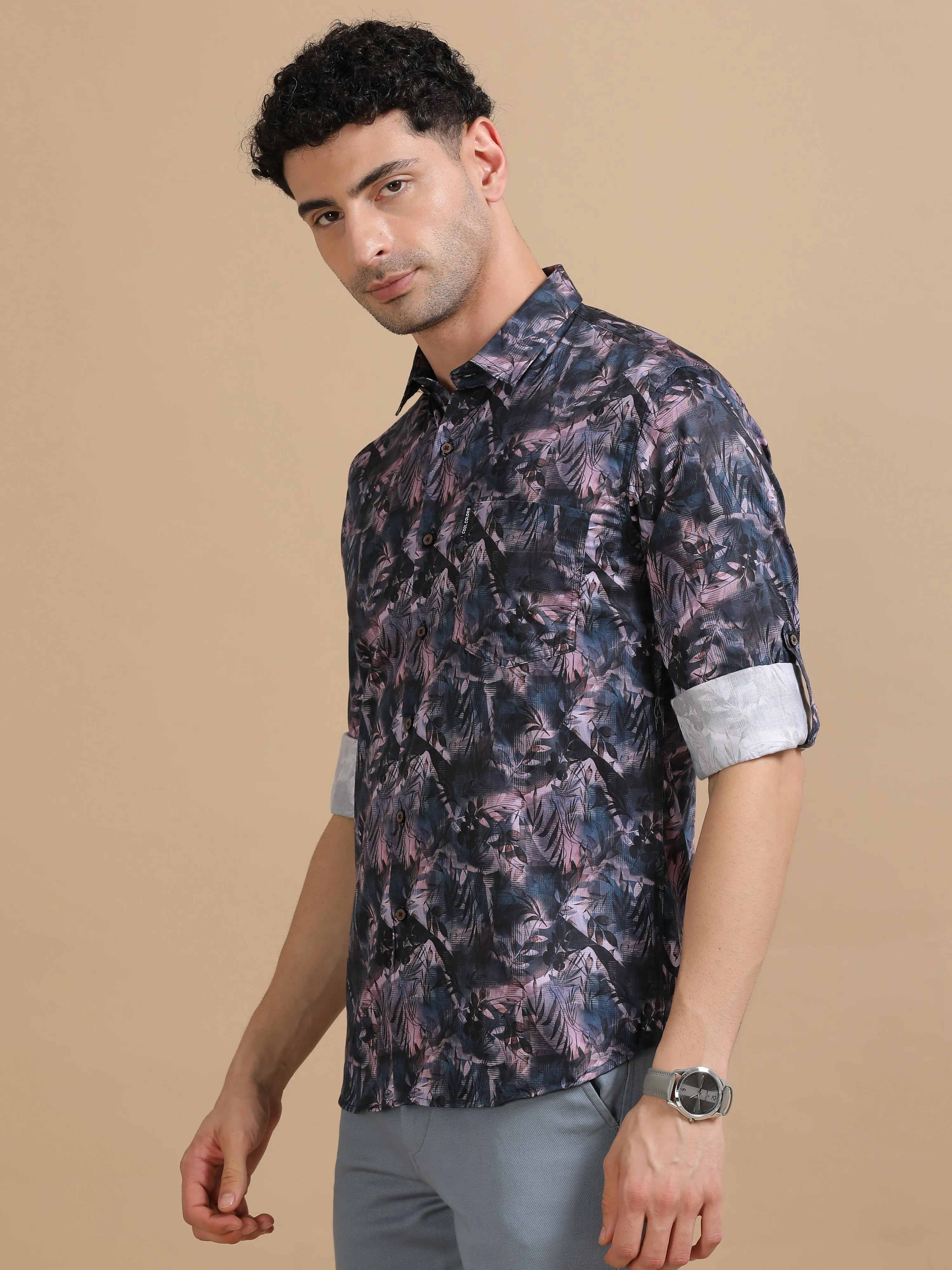 Men Purple Full Sleeve Cotton Printed Casual Shirt