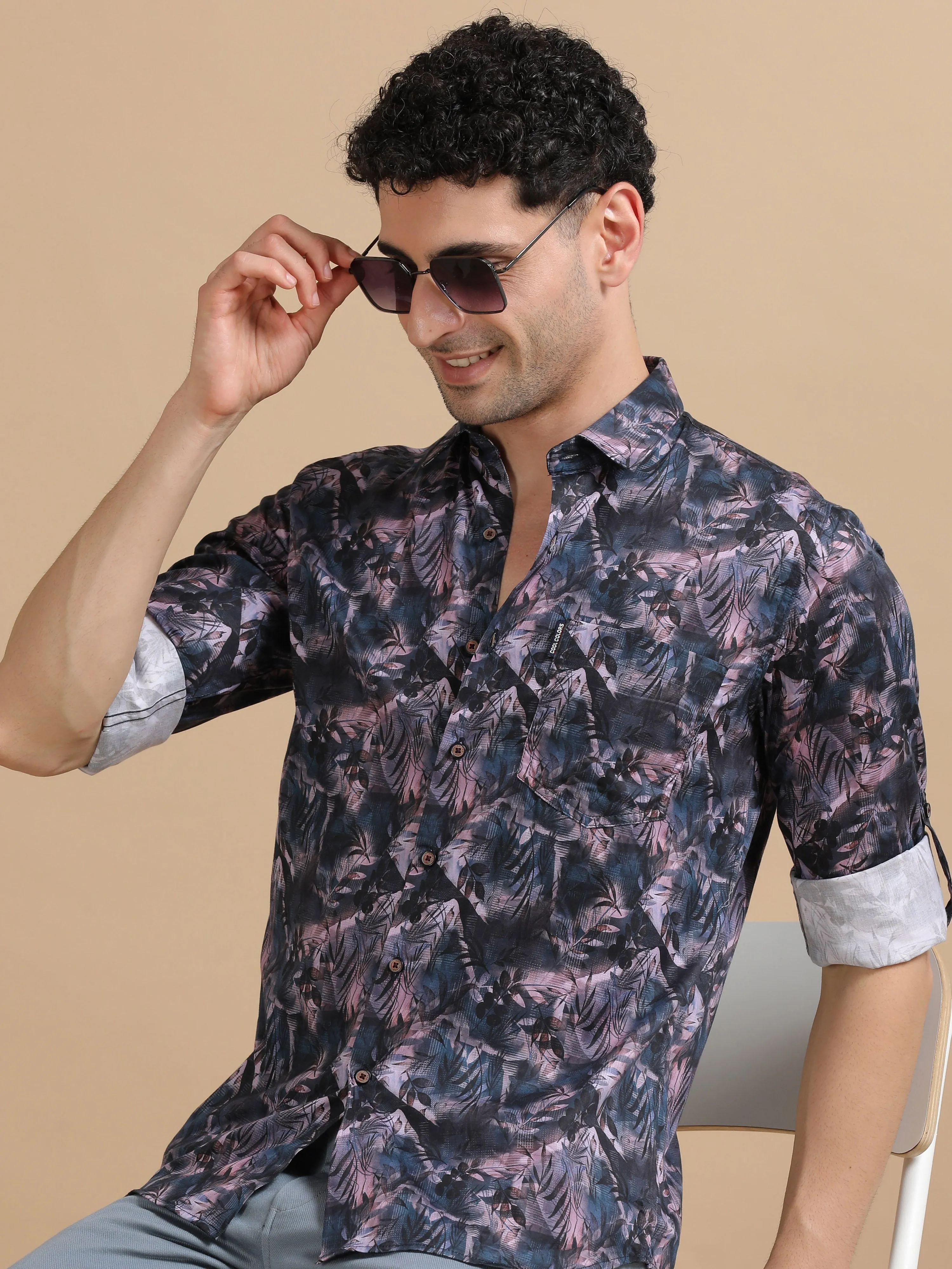Men Purple Full Sleeve Cotton Printed Casual Shirt