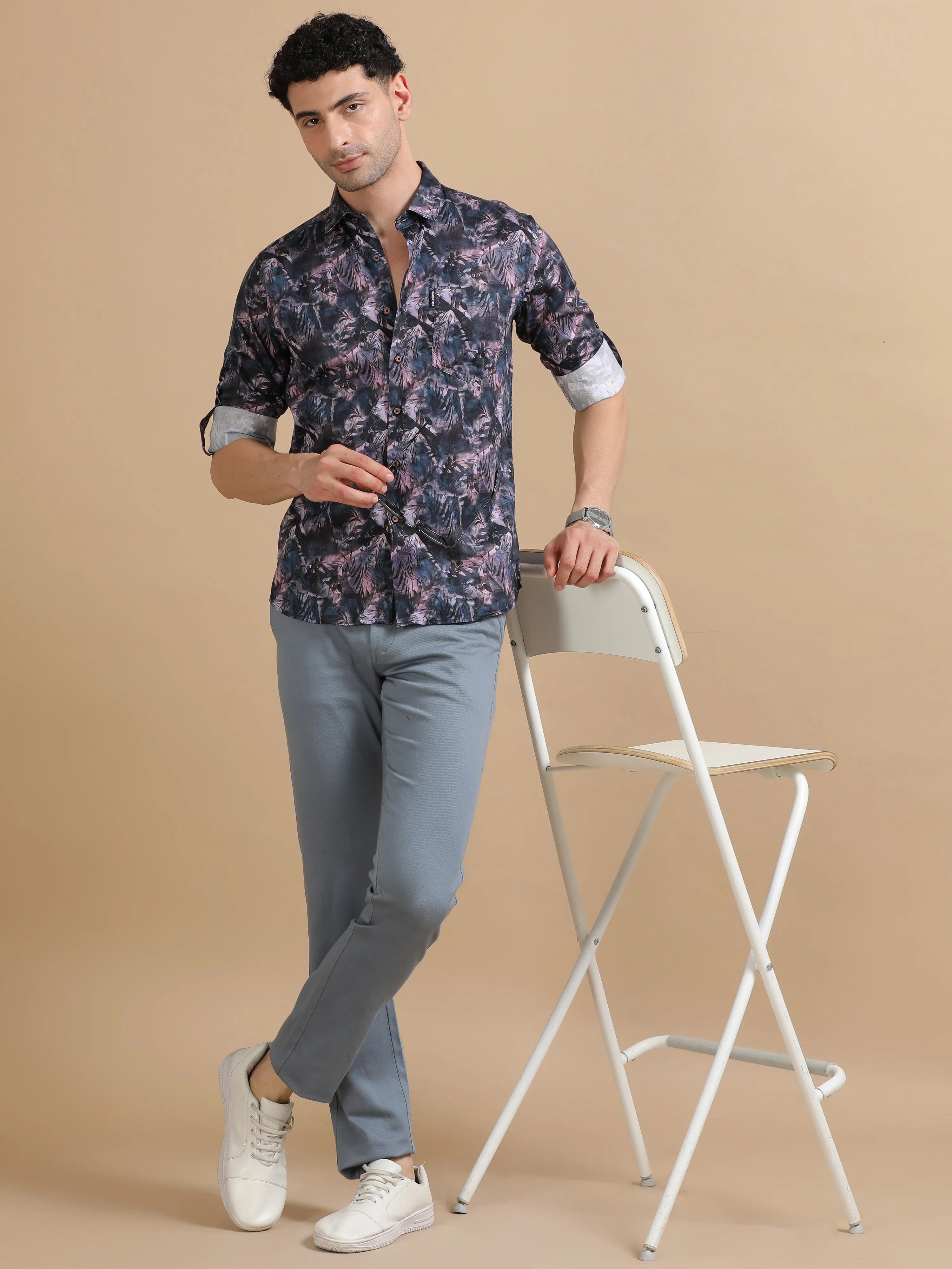 Men Purple Full Sleeve Cotton Printed Casual Shirt