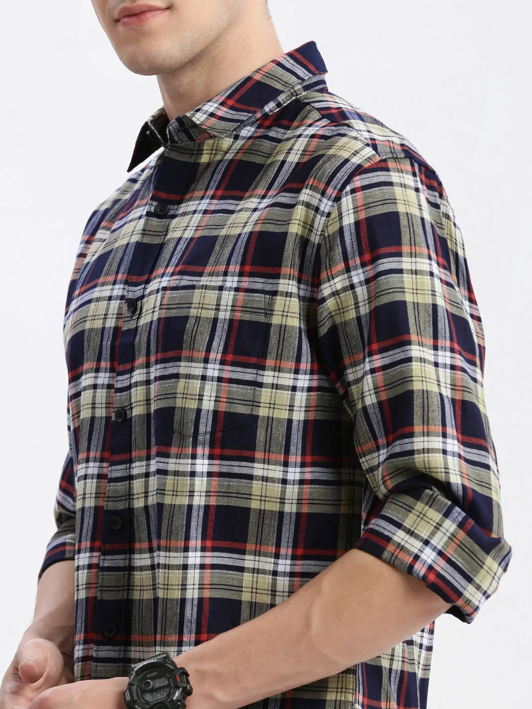 Men Spread Collar Tartan Checks Beige Shirt