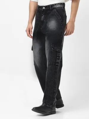 Men's Black Loose Fit Cargo Jeans With 6 Pockets Non Stretchable