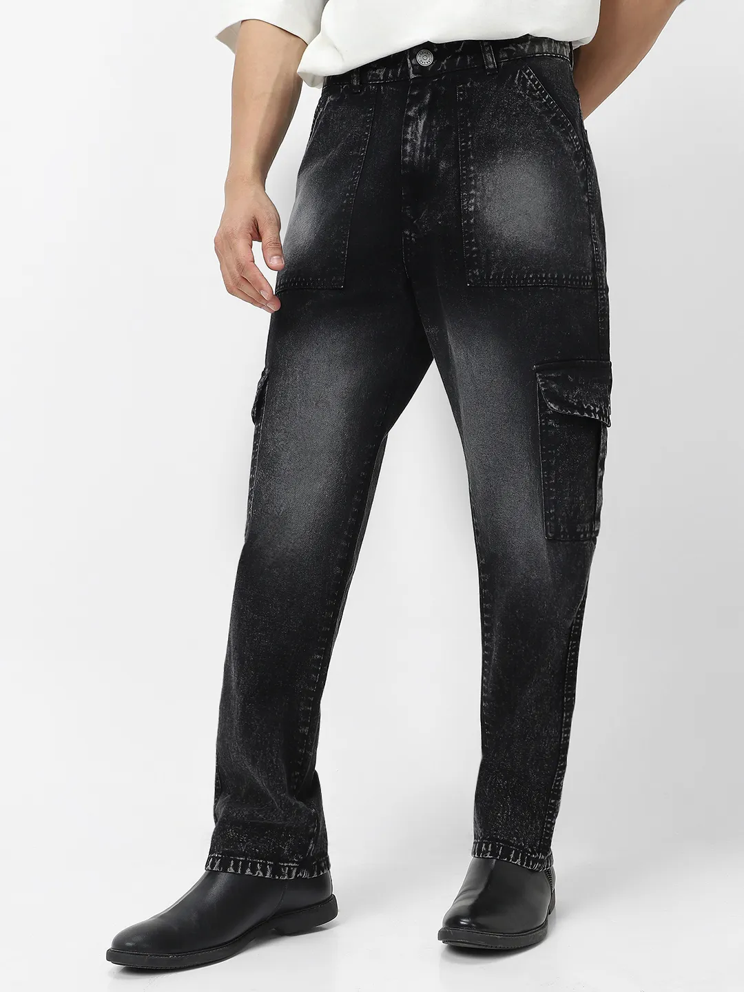 Men's Black Loose Fit Cargo Jeans With 6 Pockets Non Stretchable