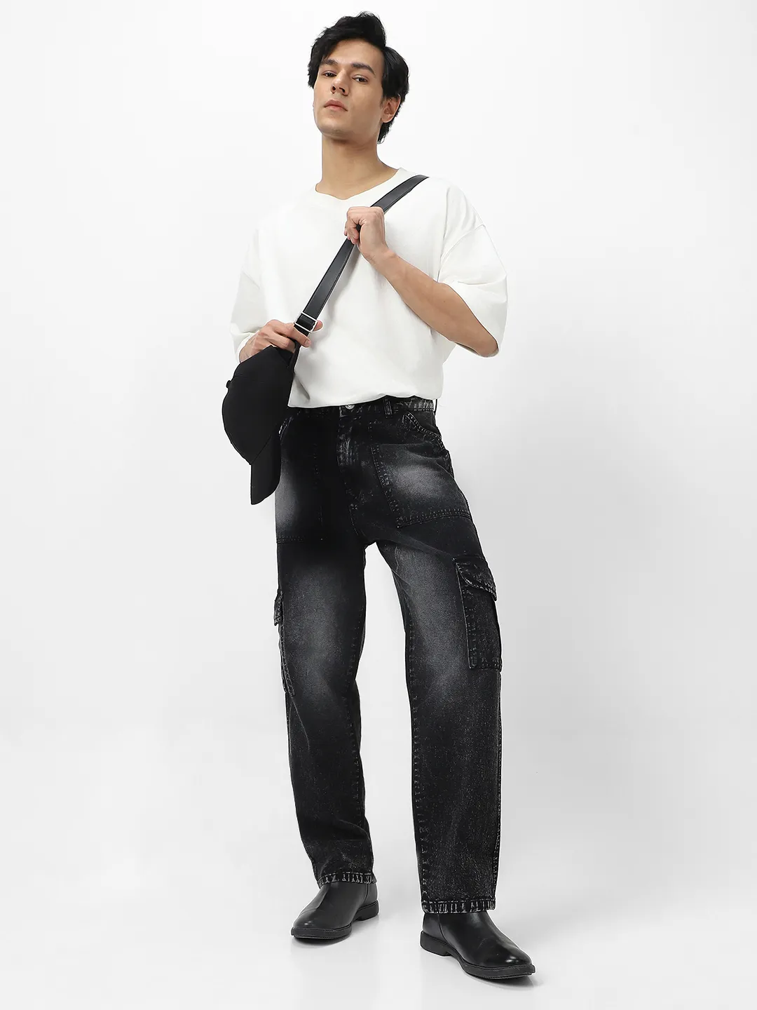 Men's Black Loose Fit Cargo Jeans With 6 Pockets Non Stretchable