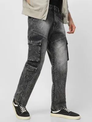 Men's Grey Loose Fit Cargo Jeans With 7 Pockets Non Stretchable