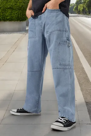 Men's Light Grey Loose Baggy Fit Washed Cargo Jeans With 6 Pockets Non-Stretchable