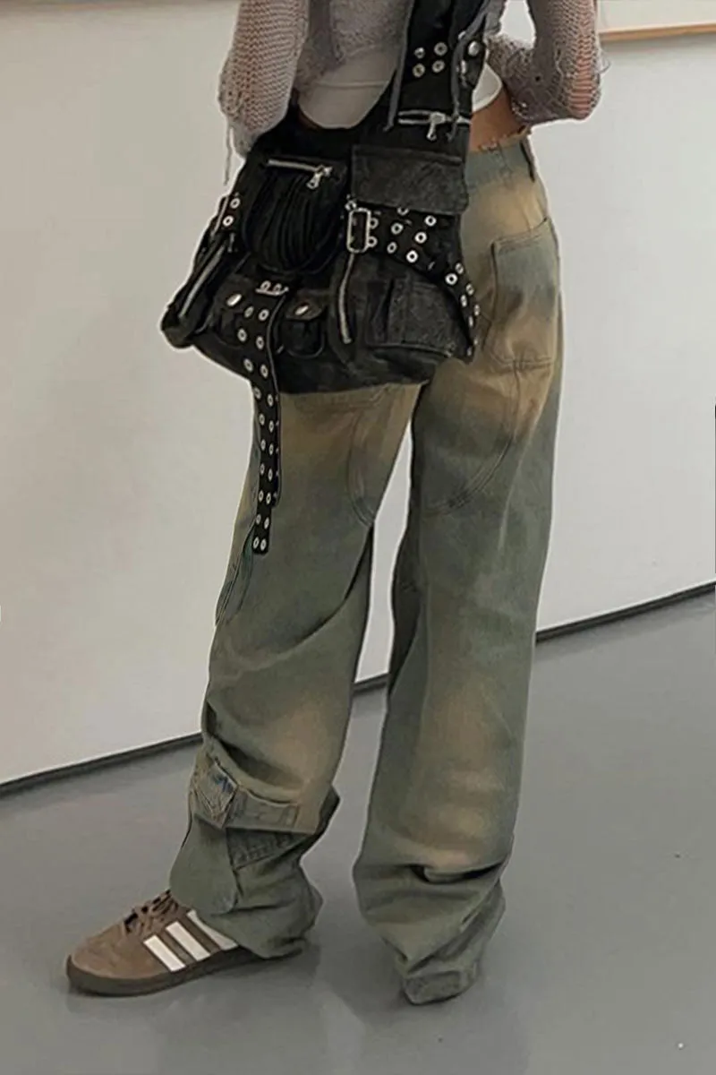 PF739 Retro Old Low Waist Denim Pants