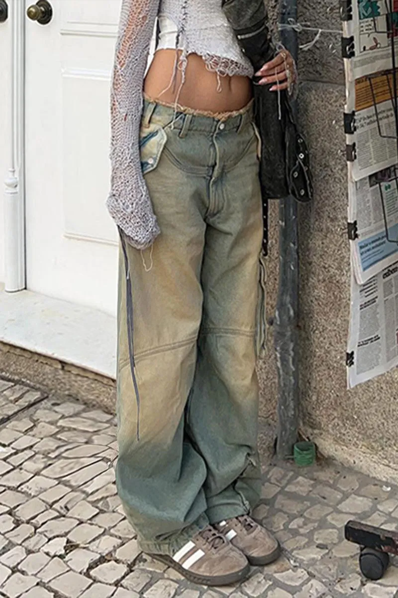 PF739 Retro Old Low Waist Denim Pants