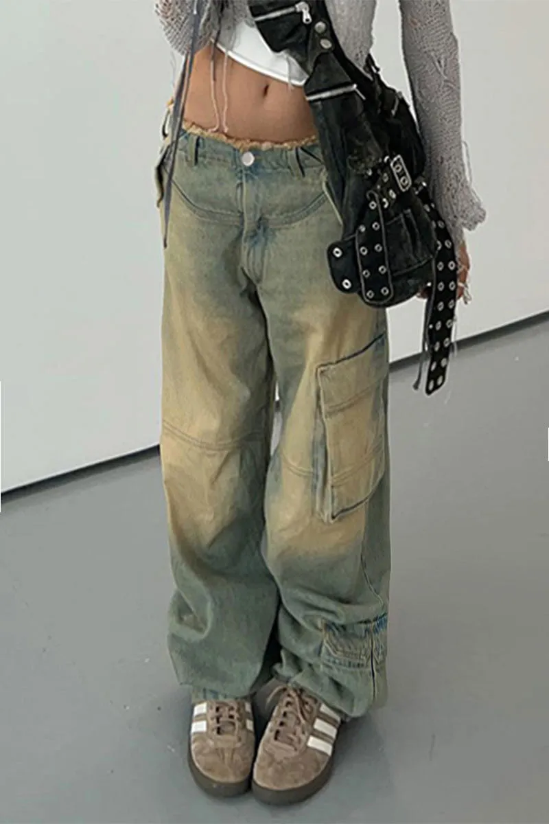 PF739 Retro Old Low Waist Denim Pants