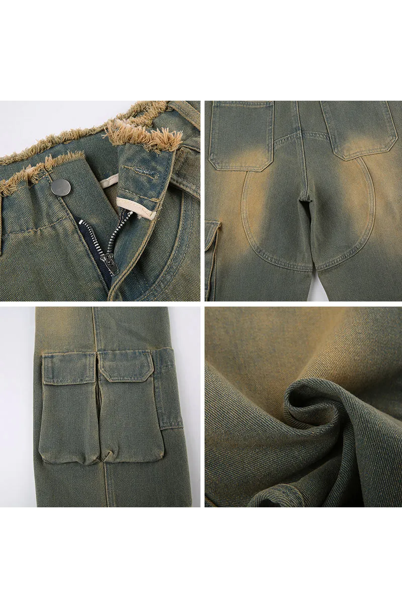 PF739 Retro Old Low Waist Denim Pants