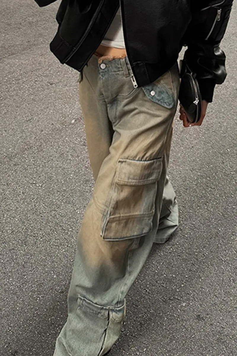 PF739 Retro Old Low Waist Denim Pants
