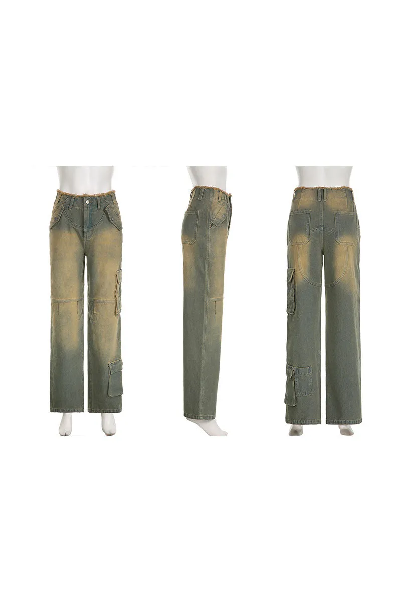 PF739 Retro Old Low Waist Denim Pants