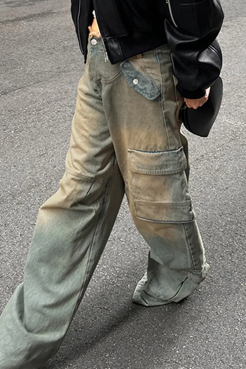 PF739 Retro Old Low Waist Denim Pants