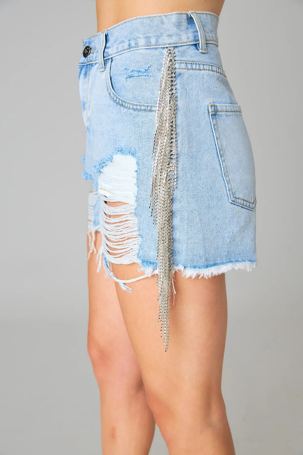 Raven Rhinestone Denim Shorts - Light Wash