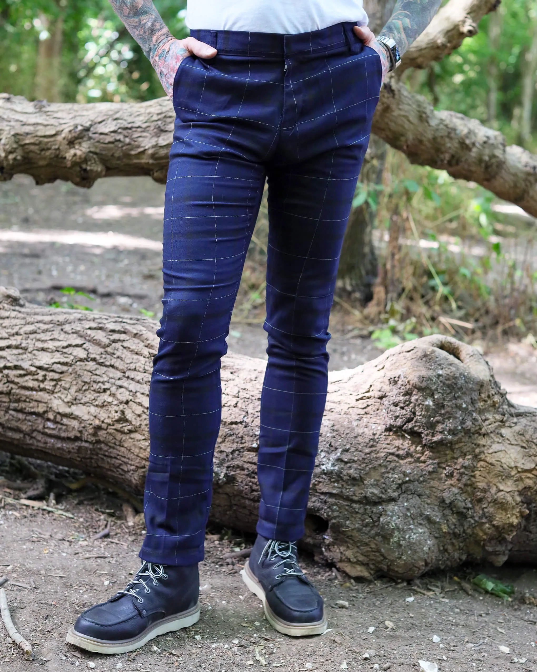 Retro Mod Stretch Navy Plaid Tartan Slim Skinny Fitting Trousers