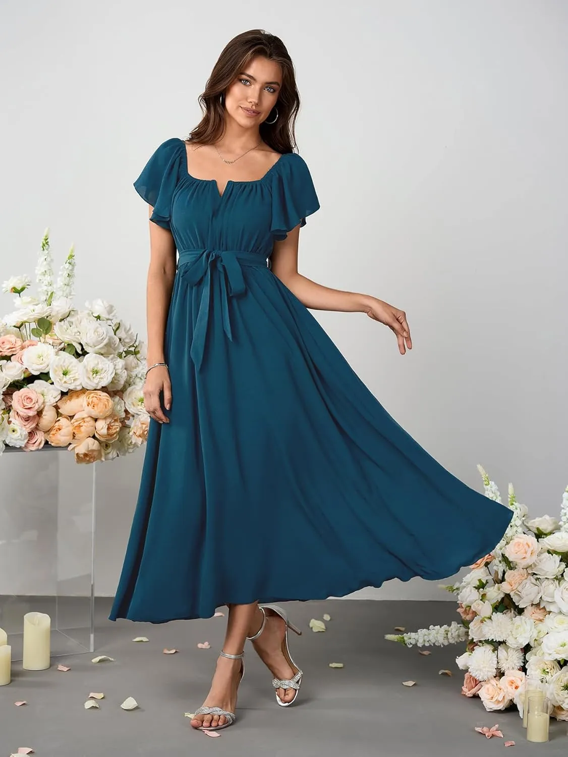 SCOMCHIC Women Summer Maxi Dress Flutter Short Sleeve Square Neck Belted Casual A Line Flowy Wedding Guest Long Dresses