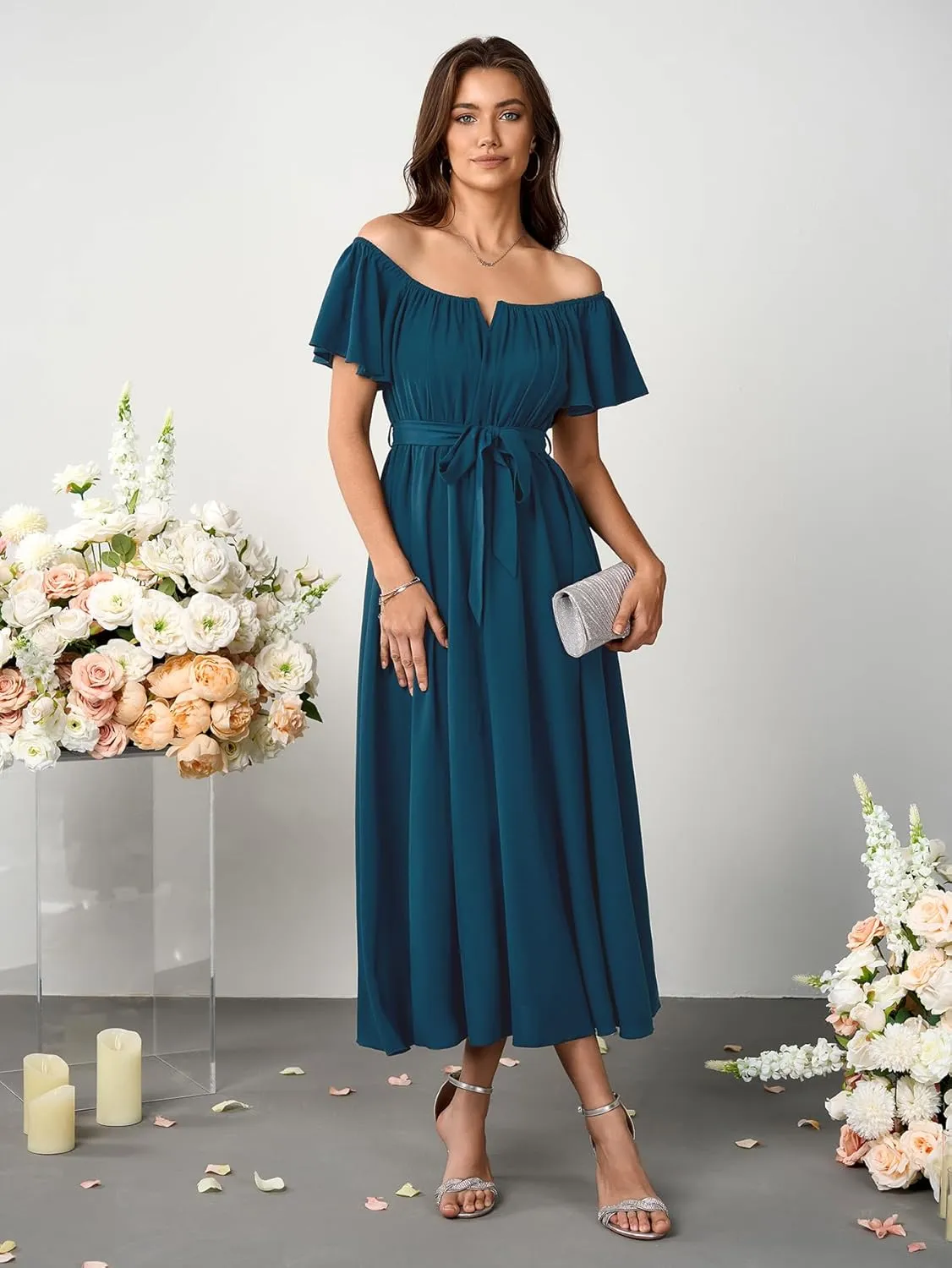 SCOMCHIC Women Summer Maxi Dress Flutter Short Sleeve Square Neck Belted Casual A Line Flowy Wedding Guest Long Dresses