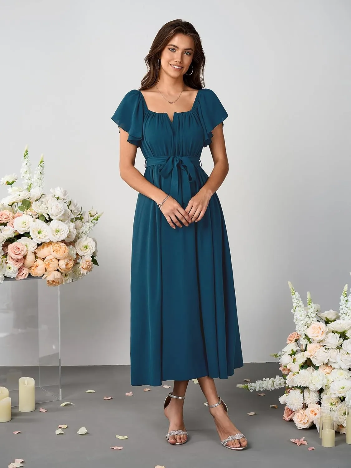 SCOMCHIC Women Summer Maxi Dress Flutter Short Sleeve Square Neck Belted Casual A Line Flowy Wedding Guest Long Dresses