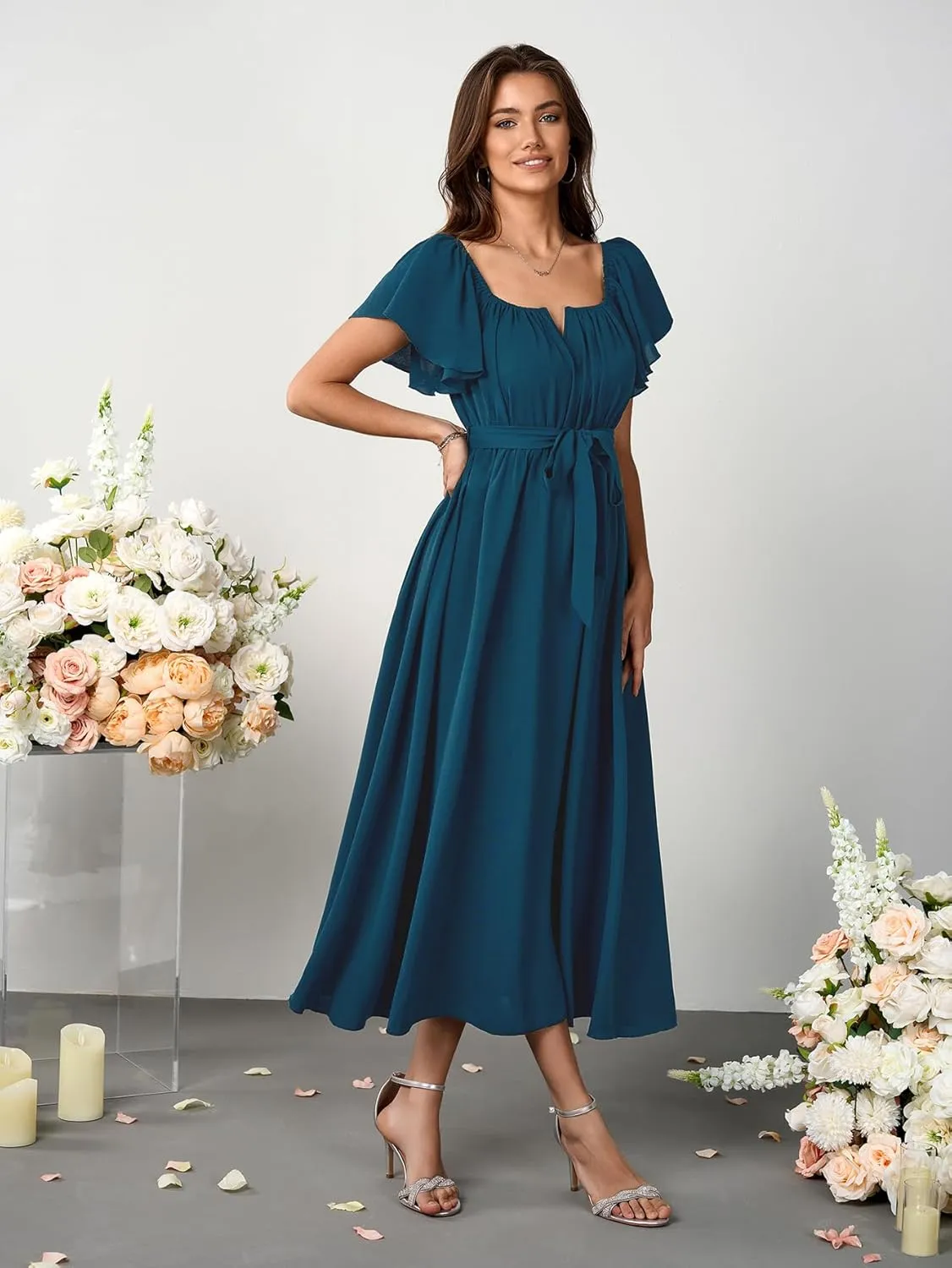 SCOMCHIC Women Summer Maxi Dress Flutter Short Sleeve Square Neck Belted Casual A Line Flowy Wedding Guest Long Dresses