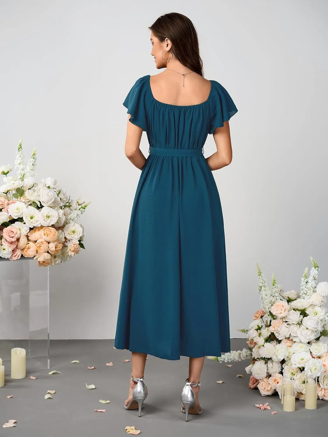 SCOMCHIC Women Summer Maxi Dress Flutter Short Sleeve Square Neck Belted Casual A Line Flowy Wedding Guest Long Dresses