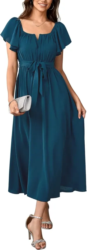 SCOMCHIC Women Summer Maxi Dress Flutter Short Sleeve Square Neck Belted Casual A Line Flowy Wedding Guest Long Dresses