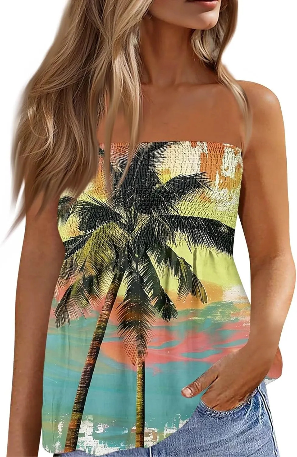 Tube Tops for Women Sleeveless Smocked Ruffled Tanks Strapless Floral Print Tube Tops Lightweight Sexy Bandeau