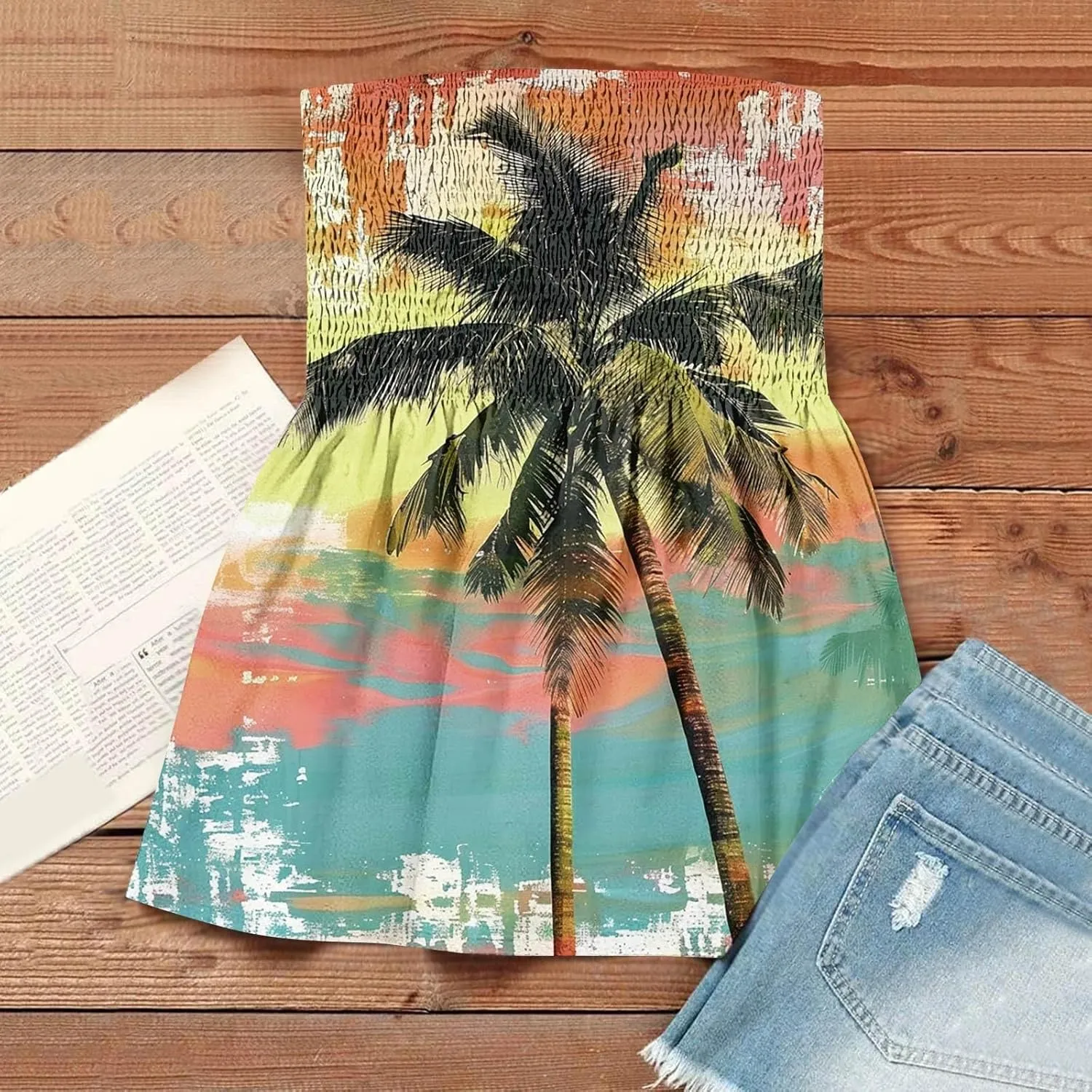 Tube Tops for Women Sleeveless Smocked Ruffled Tanks Strapless Floral Print Tube Tops Lightweight Sexy Bandeau