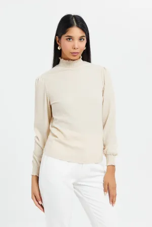 Women Beige High Neck Frill Top