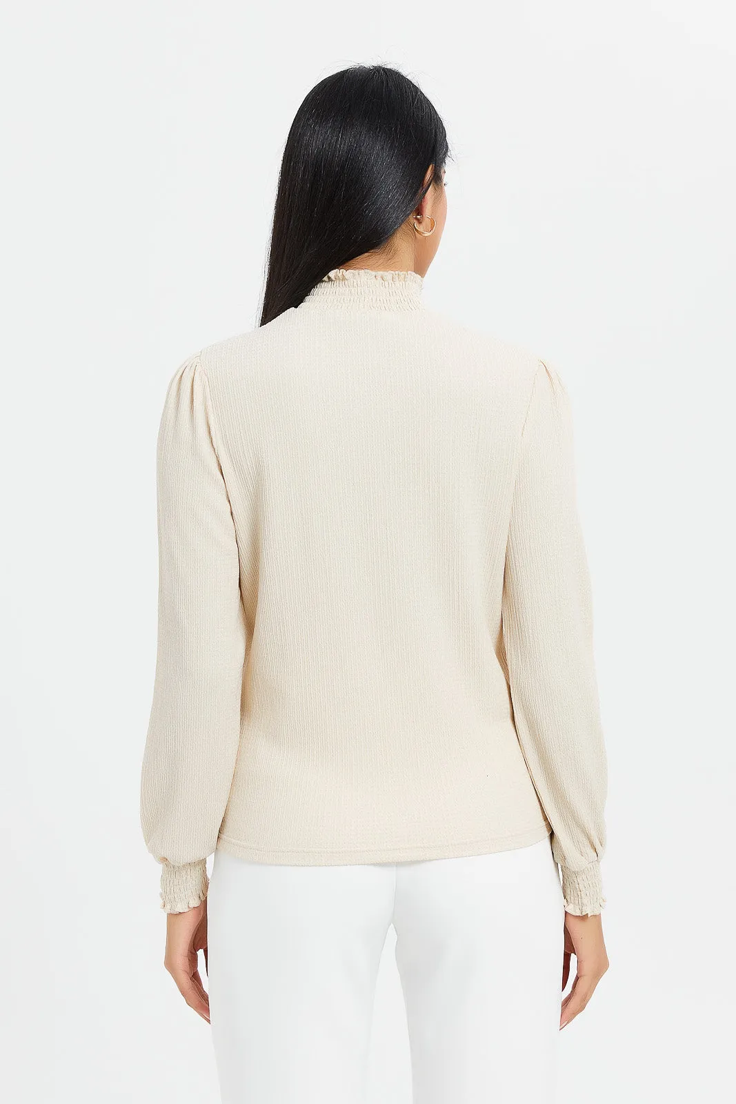 Women Beige High Neck Frill Top