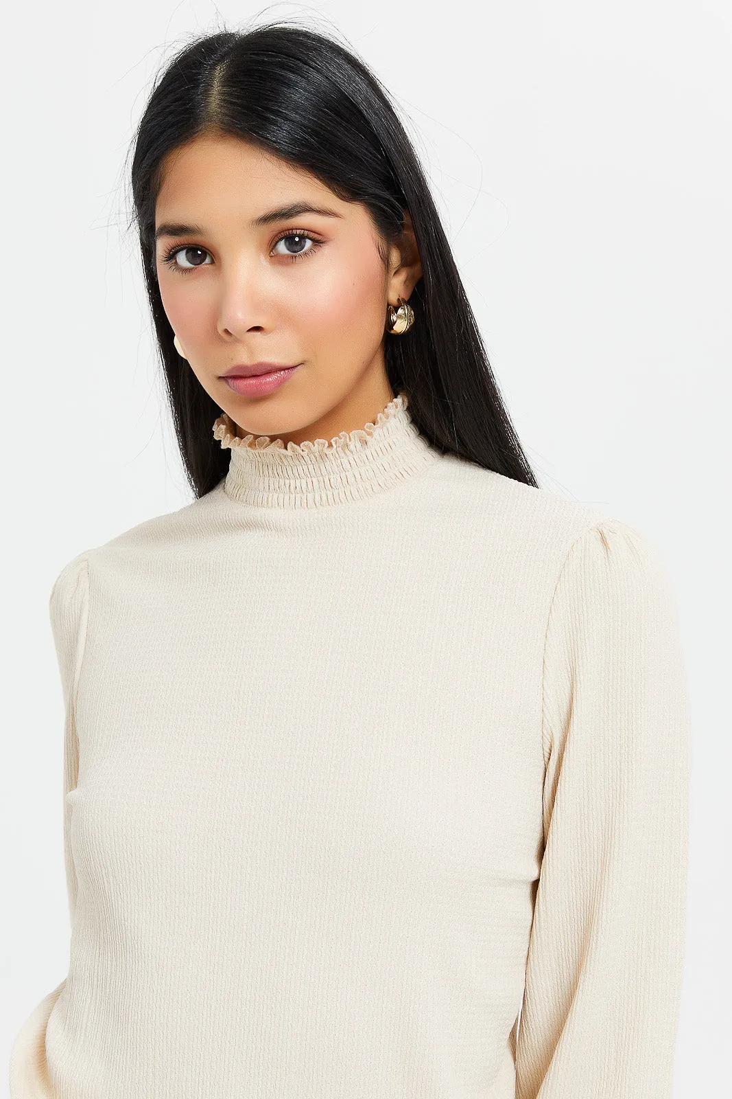 Women Beige High Neck Frill Top