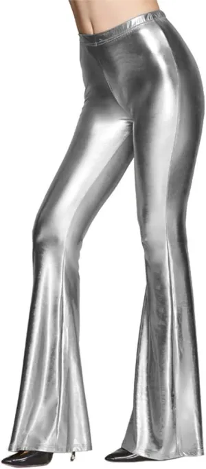 Women's 70s Disco Dance Party Shiny Metallic Flare Leggings High Waist Wide Leg Bootcut Palazzo Glam Yoga Trousers