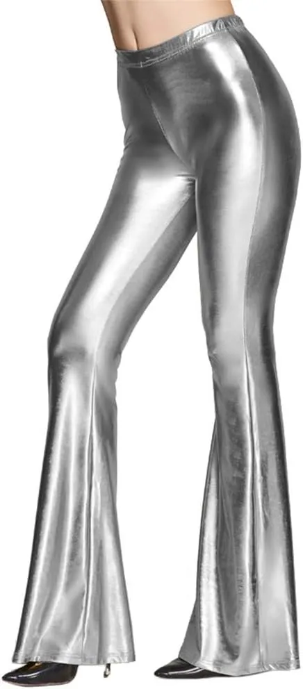 Women's 70s Disco Dance Party Shiny Metallic Flare Leggings High Waist Wide Leg Bootcut Palazzo Glam Yoga Trousers