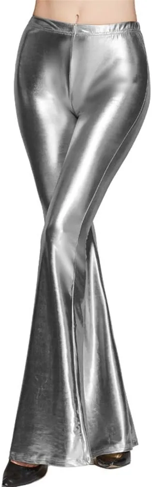 Women's 70s Disco Dance Party Shiny Metallic Flare Leggings High Waist Wide Leg Bootcut Palazzo Glam Yoga Trousers