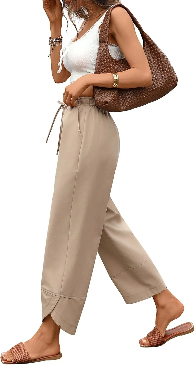 Women's Baggy Linen Pants Loose Fit Drawstring Wide Leg with Pockets